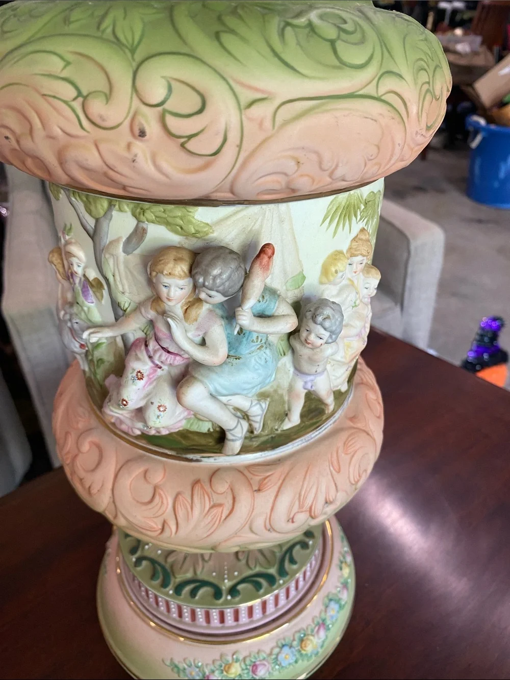Vintage Green and Pink Cherub Porcelain Table Lamp
